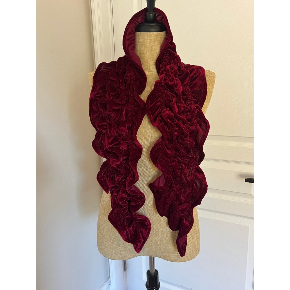 Velvet Scarf Women Burgundy Red Ruffled Smocked Ruched Regal Whimsigoth Romantic